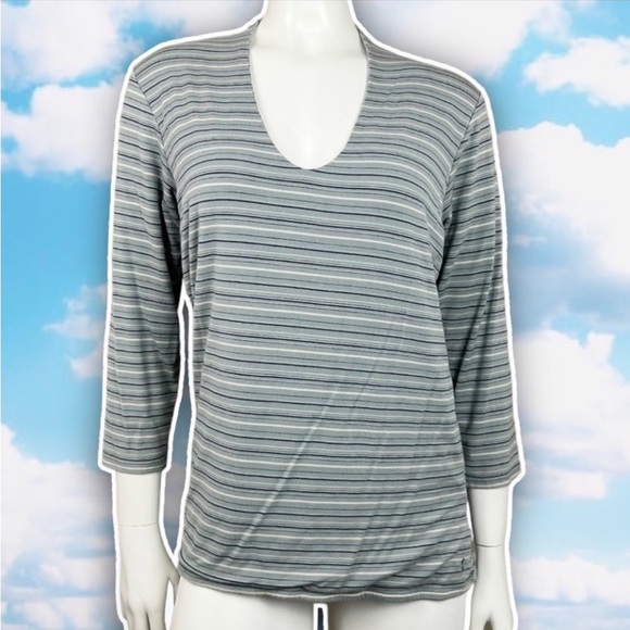 ❤️ COLUMBIA Modal Lycra Blend Three-Quarter Sleeve V-neck Striped Soft Tee Retro - Picture 3 of 11